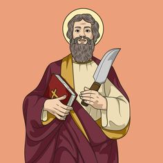 an image of jesus holding a knife and book