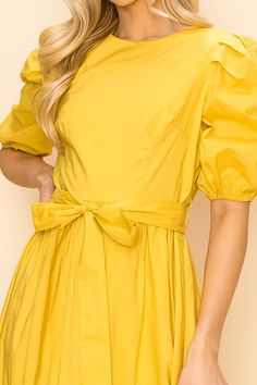 Embrace your royal edge in this elegant Women's Round Neck Puff Sleeve Waist Tie Long Skirt Poplin Maxi Dress. It will leave your feeling elegant and royal at any event. Spring Party Puff Sleeve Dress With Voluminous Skirt, Elegant Yellow Puff Sleeve Dress, Spring Formal Puff Sleeve Dress With Ruffles, Poplin Maxi Dress, Missy Dresses, Wig Hat, Graphic Tee Dress, Sweaters And Leggings, Plus Dresses