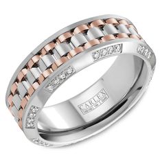 two tone gold and silver wedding band with diamonds on the inside, set in 18k white and rose gold