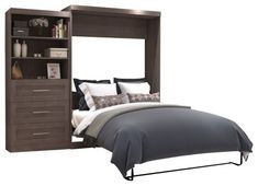 a bed with an open bookcase above it and a night stand below the bed