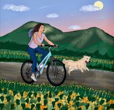 a painting of a woman riding a bike with a dog on the front and side