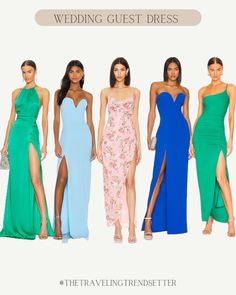 four women in different colored dresses with the caption, wedding guest dress guide for brides