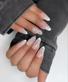 Baddie Nail Art Almond, Bride Nails Almond Shape, Nail Design Almond Shape Classy, Almond Nails With Flower Charms, Almond 3d Flower Nails, Almond Nails Graduation, Almond Graduation Nails, Almond Nails With 3d Flower, Graduation Nails Acrylic Almond