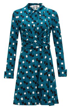 A buttoned-up bodice gives way to a gracefully wrapped skirt in this vibrant geometric-print dress you'll wear from desk to dinner. Button half placket Spread collar Long sleeves with French cuffs 87% viscose, 10% nylon, 3% spandex Dry clean Imported Elegant Geometric Pattern Dress For Work, Elegant Geometric Pattern Workwear Dresses, Designer Fitted Shirt Dress, Fitted Printed Dresses For Workwear, Fitted Printed Dress For Work, Modern Fitted Shirt Dress For Office, Printed Fitted Wrap Dress With Surplice Neckline, Elegant Printed Shirt Dress For Work, Fitted V-neck Dress With Geometric Pattern