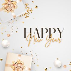 new year's eve greeting card with presents and gold foil stars on white background