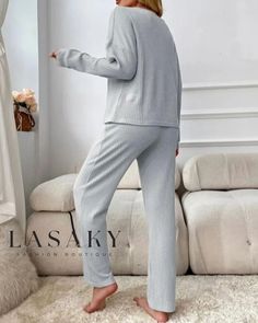 Lasaky - Classic Buttoned Waffle Knit Two-Piece Set, Featuring Round Neck Top and Drawstring Pants Sleepwear Women Pajamas, Knit Two Piece Set, Lash Sets, Tie Waist Pants, Waffle Knit Top, Long Sleeve Print Dress, Womens Pyjama Sets, Round Neck Tops, Pajama Set Women