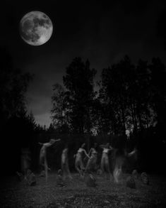 some people are dancing in the grass under a full moon with trees and dark sky