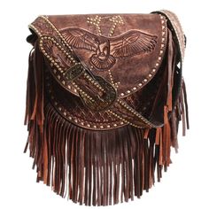 Saddle bag in brown vintage with diamond tooling.  Eagle tooled on flap with small brass dots in shape of arrows below. Feather... Brown Eagle, Double J, Western Purses, Leather Saddle Bags, Fringe Bags, Boho Bags, Brown Vintage, Boot Bag, Cowgirl Style