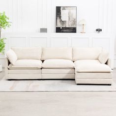 a living room with a white couch and potted plant on the floor next to it