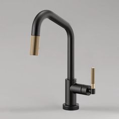 a black faucet with two brass handles and an angled spout, on a gray background