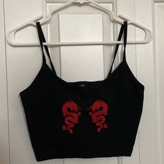 Size Small Never Worn Cropped Black Tank With Red Dragon Edgy Red Crop Top For Summer, Trendy Black Urban Outfitters Crop Top, Red Urban Outfitters Crop Top, Urban Outfitters Casual Crop Top For Night Out, See Threw, Red Clothes, Red Tank, Red Tank Tops, Red Dragon