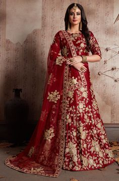 Semi Velvet Wedding Lehenga in Red and Maroon with Embroidered work Product Details: Fabric:Semi Velvet Work:Embroidered, Thread, Zari Color Family:Red and Maroon Occasion:Wedding Lehenga Dimension:530 Cm x 110 Cm ( L x W) Blouse Length:80 Cm Approx Washing Instruction:Dry Wash This is made to order product. We customize the pattern of the dress to suit your style and fitting. Once you place the order we will provide you with a template for measurements (to be taken in inches). It usually takes Velvet Wedding Lehenga, Velvet Lehenga, Velvet Wedding, Embroidered Velvet, Party Wear Lehenga, Wedding Dresses For Girls, Wedding Lehenga, Silk Lehenga, Indian Wedding Dress