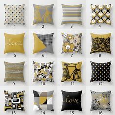 a bunch of pillows that have different designs on them and the words love are written in gold