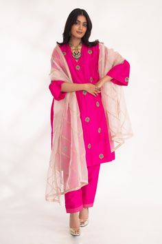 Magenta pink kurta with zardozi embroidery in peacock pattern. Paired with straight pant. - Aza Fashions Luxury Pink Silk Sets With Zari Work, Pink Silk Sets With Dupatta, Pink Silk Set With Dupatta, Unstitched Pink Silk Sets, Pink Straight Kurta Set For Festivals, Pink Cotton Silk Traditional Drape Sets, Designer Pink Cotton Silk Set, Pink Embroidered Palazzo Set In Cotton Silk, Pink Embroidered Cotton Silk Palazzo Set