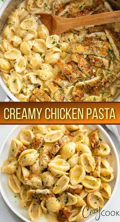 creamy chicken pasta in a white bowl with a wooden spoon