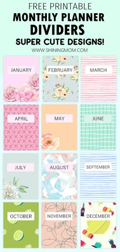 the free printable months planner with flowers and leaves on it, including calendars