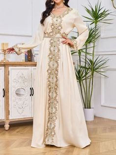 Women Elegant Dresses, Stylish Arabic Muslim Embroidered Abaya Dress Long Sleeve Embellished Embroidered Dress For Eid, Embroidered Long Sleeve Dress For Eid, Long Beige Dresses For Eid, Long Beige Dress For Eid, Beige Long Dress For Eid, Floor-length Beige Abaya For Eid, Embroidered Long Sleeve Abaya For Party, Eid Embellished Maxi Embroidered Dress, Modest Beige Dress For Eid