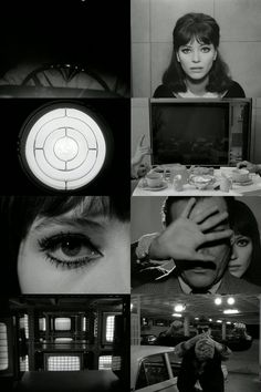 black and white collage with images of people in different places, including a woman's face