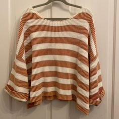 Brand New With Tags. Size Small. Scoop Neck With Wide Sleeves. Orange And White Stripes. 100% Cotton. Grey Turtleneck Sweater, Orange Outfit, Long Sweater Dress, Solid Sweaters, Orange Sweaters, Embroidered Sweater, Long Sweaters Cardigan, Cute Fall Outfits, Yellow Sweater