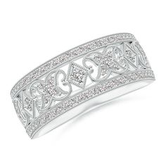 a white gold and diamond wedding band with an intricate design on the top, surrounded by smaller diamonds