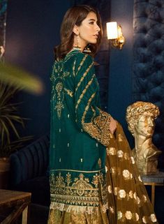 Embroidered Velvet Dress, Dresses Pakistani, Pakistani Designer Clothes, Sea Green Color, Velvet Sleeve, Chiffon Dresses, Embroidered Velvet, Salwar Kameez Designs, Suit Fabric