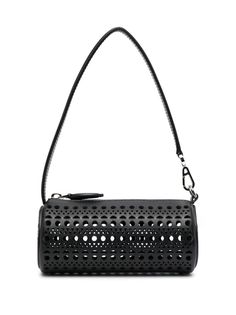 Mini Tube Vienne-pattern leather bag from Alaia featuring black, calf leather, tube design, signature Vienne laser-cut motif, silver-tone hardware, single top handle, top zip fastening and main compartment. This item is in size UNI and the color is Black Alaia Bag, Tube Design, Leather Cap, Dolce E Gabbana, Leather Design, Black Mini, Nike Air Jordan, Shoulder Handbags, Valentino Garavani