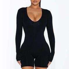 Brand New, Double-Lined Romper With Back Zipper Closure. Material Is 95% Viscose, 5% Spandex. Long Sleeve Tight Unitard With Thumbholes, Black V-neck Bodysuit For Date Night, Black V-neck Jumpsuits And Rompers For Club, Black V-neck Bodysuit For Club, Black Low-cut Bodysuit, Black Fitted Long Sleeve Unitard, Black V-neck Jumpsuit For Club, Black Romper Long Sleeve, Sleek Black V-neck Bodysuit