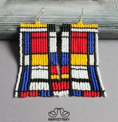 Mondrian inspired beaded earrings Abstract geometric earrings | Etsy Beadwork Earrings, Pastel Earrings, Ombre Earrings, Gold Bead Earrings, Gold Chandelier Earrings, Earrings Art, Bead Weaving Patterns, Earring Tutorial, Red Earrings