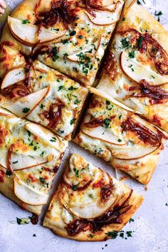 sliced pizza with apples and cheese on top