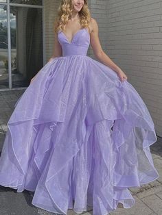 Shiny V Neck Purple Long Prom Dresses, Fluffy Purple Formal Evening Dresses, Sparkly Ball Gown Measure Guide Lilac Prom Dresses, Purple Prom, Fest Outfits, 2024 Prom, Purple Prom Dress, Prom Dresses Modest, Long Prom Dresses, Custom Size Dresses, A Line Prom Dresses