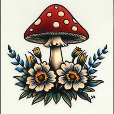 a mushroom with flowers and leaves painted on it