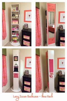 four pictures of the same room with pink and white accessories on display in different positions