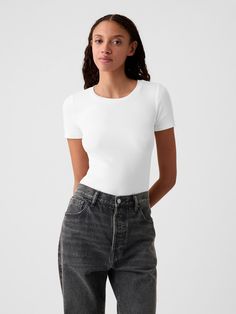 Modern T-Shirt Bodysuit | Gap Fit Models, Shirt Bodysuit, Petite Size, Soft Knits, Snap Button, Stretch Cotton, Gap, White And Black, Short Sleeves