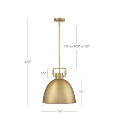 an image of a brass colored pendant light with measurements for the length and widths