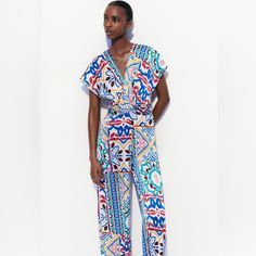 Nwt Zara Satin Effect Print Jumpsuit. V-Neck Jumpsuit With Short Sleeves. Front Knot At Waist. Wide Leg.Back Hidden In-Seam Zip Closure. Size : Xs Me : Tall 5.10” , 160 Cm. Waist : 26-27” Weight : 110 Lp,50 Kg. Zara Jumpsuit, Print Jumpsuit, Printed Jumpsuit, Zara Pants, Pant Jumpsuit, Knot, Wide Leg, Pants For Women, Jumpsuit