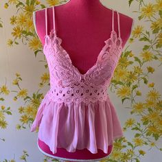 Nwot Love Tree Romantic Sexy Top Featuring Adjustable Crisscross Spaghetti Straps, Crochet Eyelet Waist Showing Skin, Flowy Chiffon See Through Ruffle Dropping On Waist For A Flattering Silhouette, Stretchy Smoked Back, Lace V Low Neck Line A Lot Of Perfect Sexy Details On Lace, Crochet, Eyelet, Eyelash Joined All In This Pink Color Lingerie Top, Size Tag Is M Refer To Measurements For A Better Fit, Person In Photo Is Showing Medium Size, Smoke Pets Free Home, Fast Shipping, Color May Vary By De Cute Fitted Camisole For Party, Flirty Pink Camisole For Spring, Cute Spaghetti Strap Tank Top For Party, Spring Flirty Cami Top, Cute Camisole With Spaghetti Straps For Party, Cute Party Camisole With Spaghetti Straps, Cute Camisole For Spring Party, Spring Coquette Cami Top, Cute Spaghetti Strap Camisole For Beach