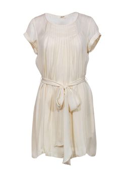 Current Boutique-L'Agence - Cream Pleated Short Sleeved Shift Dress w/ Belt Sz 2 Elegant Fitted Belted Pleated Dress, Pleated Dresses For Summer Daywear, Summer Chiffon Belted Dress, Pleated Summer Dress For Daywear, Elegant Beige Pleated Dress For Spring, Elegant Summer Dress With Sashes, Chiffon Belted Dress For Party, Elegant Belted Pleated Summer Dress, Dressy Belted Dress For Date Night