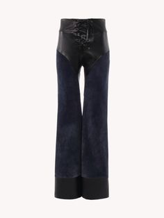 Chloé Lace Up Flared Patchwork Pants In Leather | Chloé US Chic Flared Leather Pants, Chic Flare Leather Pants, Luxury Leather High-waisted Pants, Flared Leather Pants For Night Out, Flare Leather Pants For Night Out, Elegant Flared Leather Pants, Elegant Flare Leather Pants, Fitted Leather Wide-leg Pants, Fall Leather Flare Pants