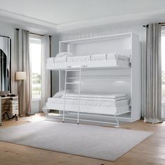 a white bunk bed sitting in a bedroom next to a window