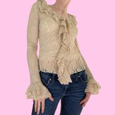 Vintage 90s Tan Lace Wide Sleeve Ruffle Blouse Shirt  Button closure, has a semi sheer material and wide sleeves.  Brand - JW Tag size - Small Seen on size Small Measurements (laying flat) Chest - 15.5 in Length - 21 in Sleeve - 25 in #widesleeveblouse #tanlaceblouse #laceblouse #boho #babydollshirt Sheer Tops With Ruffled Collar, Feminine Ruffled Tops, Vintage Long Sleeve Sheer Tops, Vintage Long Sleeve Sheer Blouse, Vintage Sheer Long Sleeve Blouse, Babydoll Shirt, Amarillo Tx, Sheer Material, Blouse Shirt