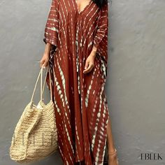 Ebeek - Vibrant Tie Dye Cover Up Dress in V-Neck Loose Fit Design - A Stylish Non-Stretch Caftan for Fashion-Conscious Women, Ideal for Beachwear and Swimwear as well as Everyday Clothing Brown V-neck Maxi Dress For Festival, Casual Brown Beach Cover-up, Brown V-neck Summer Maxi Dress, Brown V-neck Dress For Beach Season, Brown Long Sleeve Beach Dress, Brown V-neck Maxi Dress For Beach, Casual Brown Maxi Dress For Vacation, Casual Brown Maxi Dress Beach Cover-up, Casual Brown Maxi Dress For Beach Cover-up