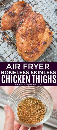 air fryer boneless skinless chicken thighs on the grill with text overlay