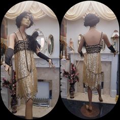 Amazing 1920's Great Gatsby style flapper dress gorgeous layered mesh dress heavily embellished with golden sequins and glass beads fine and refined. This full of grace flapper dress has a beaded straps and a black mesh band lovely decorated with subtle embroidery detail and black glass beads, fully lined with a golden satin fabric, beaded asymmetric trim. The lining is cut on the bias and the two layers which forming the dress flows beautifully and  charming on the body. Condition is very good Art Deco Flapper Dress For Evening Parties, Embellished Flapper Dress For Costume Party, Glamorous Sequined Flapper Dress For Vintage Events, Fitted Art Deco Flapper Dress For Party Season, Glamorous Sequined Flapper Dress For Costume Party, Gatsby Style Embellished Flapper Dress For Costume Party, Fitted Gold Flapper Dress In Art Deco Style, 1920s Gold Party Dress, Art Deco Fitted Sequined Flapper Dress