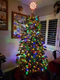 a brightly lit christmas tree in the corner of a room with pictures on the wall