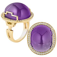 Amethyst Oval Cabochon Ring in 18K Yellow Gold, from 'Rock N Roll' Collection. Extensive collection of big and bold pieces. Like the music, this Rock ‘n Roll collection is electric in color and very stimulating to the eye. These exciting colors and silhouettes may bring out the rock star in you! * Gemstone size: 20 x 17 mm * Gemstone: 100% Earth Mined * Approx. gemstone Weight: 22.22 Carats (Amethyst) * 100% Natural Earth-Mined Diamonds * Carat: Approx.: 0.31 Carats * Color: G/H * Clarity: VS * Yellow Gold Amethyst Ring, Byzantine Rings, Amethyst Bangle, Amethyst Cocktail Ring, Garnet And Diamond Ring, Gold Amethyst Ring, Amethyst And Diamond Ring, Gold Cocktail Ring, Contemporary Ring