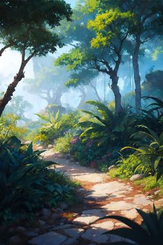 a painting of a path in the middle of a forest with lots of trees and plants