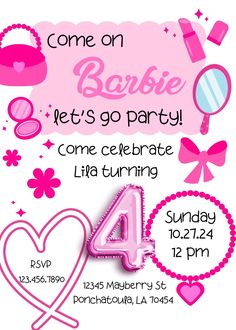 a pink birthday party flyer with balloons and decorations on it's side, including the number four