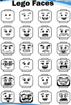 the lego faces are drawn in different styles and shapes, including one with an angry face