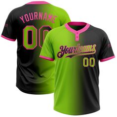 a green and black baseball jersey with pink lettering on the chest, that says your name