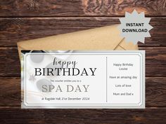 happy birthday spa day card with envelope on wooden background, free printable for personal use